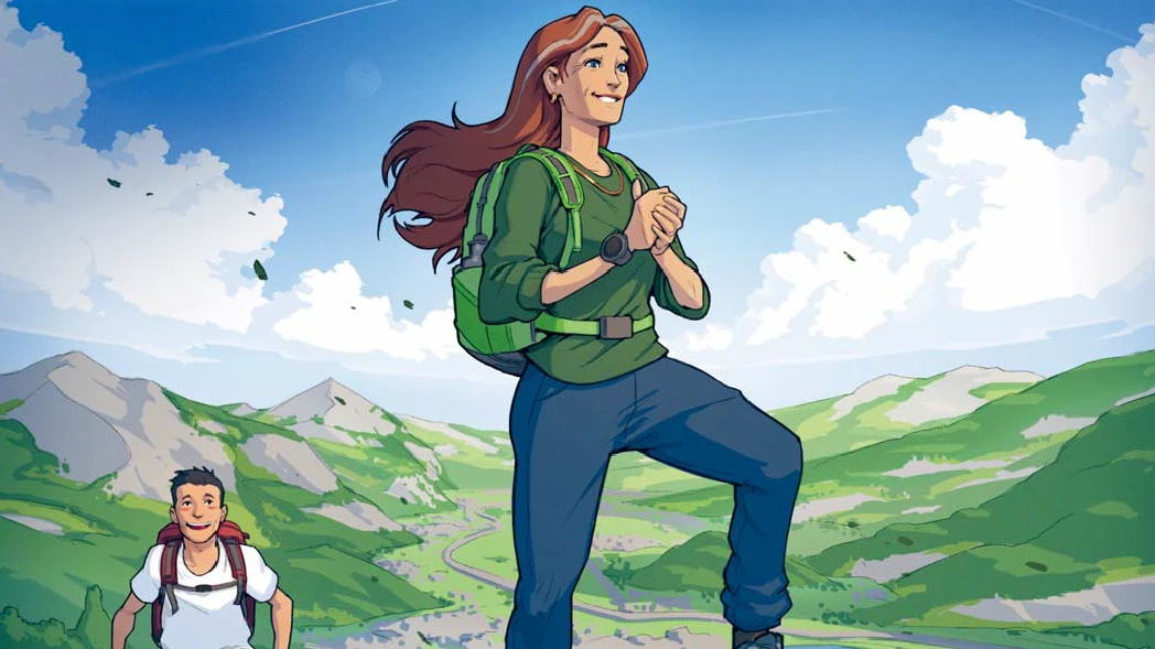 Succès du traitement Bande dessinée, une femme debout sur une montagne