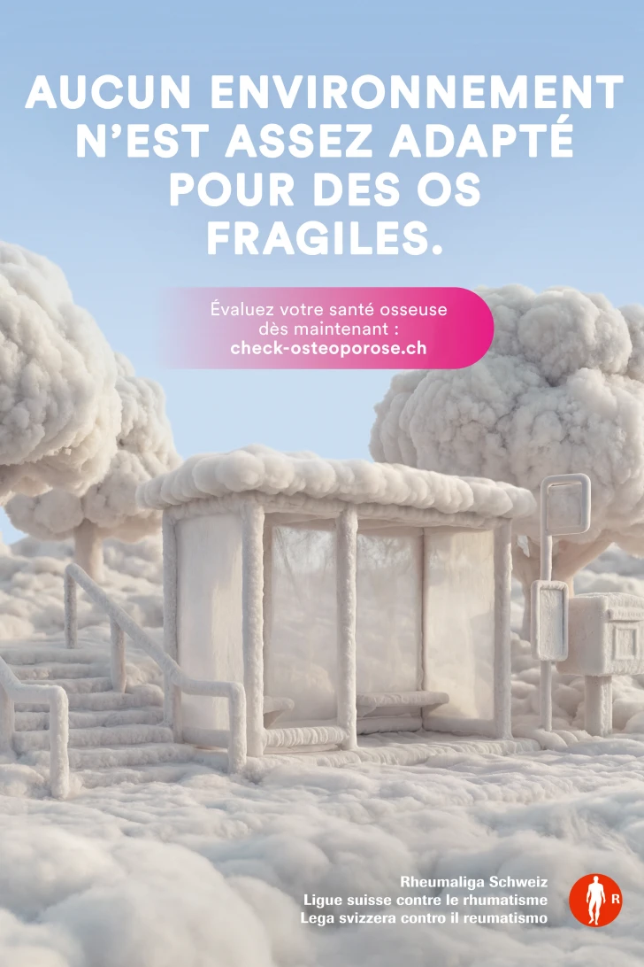 Campagne sur l’ostéoporose de la Ligue contre le rhumatisme. Un arrêt de bus enveloppé de ouate.