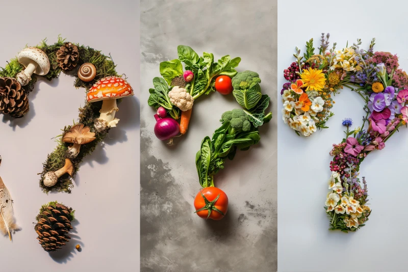 Campagne en faveur de l'activité physique « Tu viens avec nous ? » Des points d'interrogation composés d'éléments naturels tels que des pommes de pin ou des fleurs