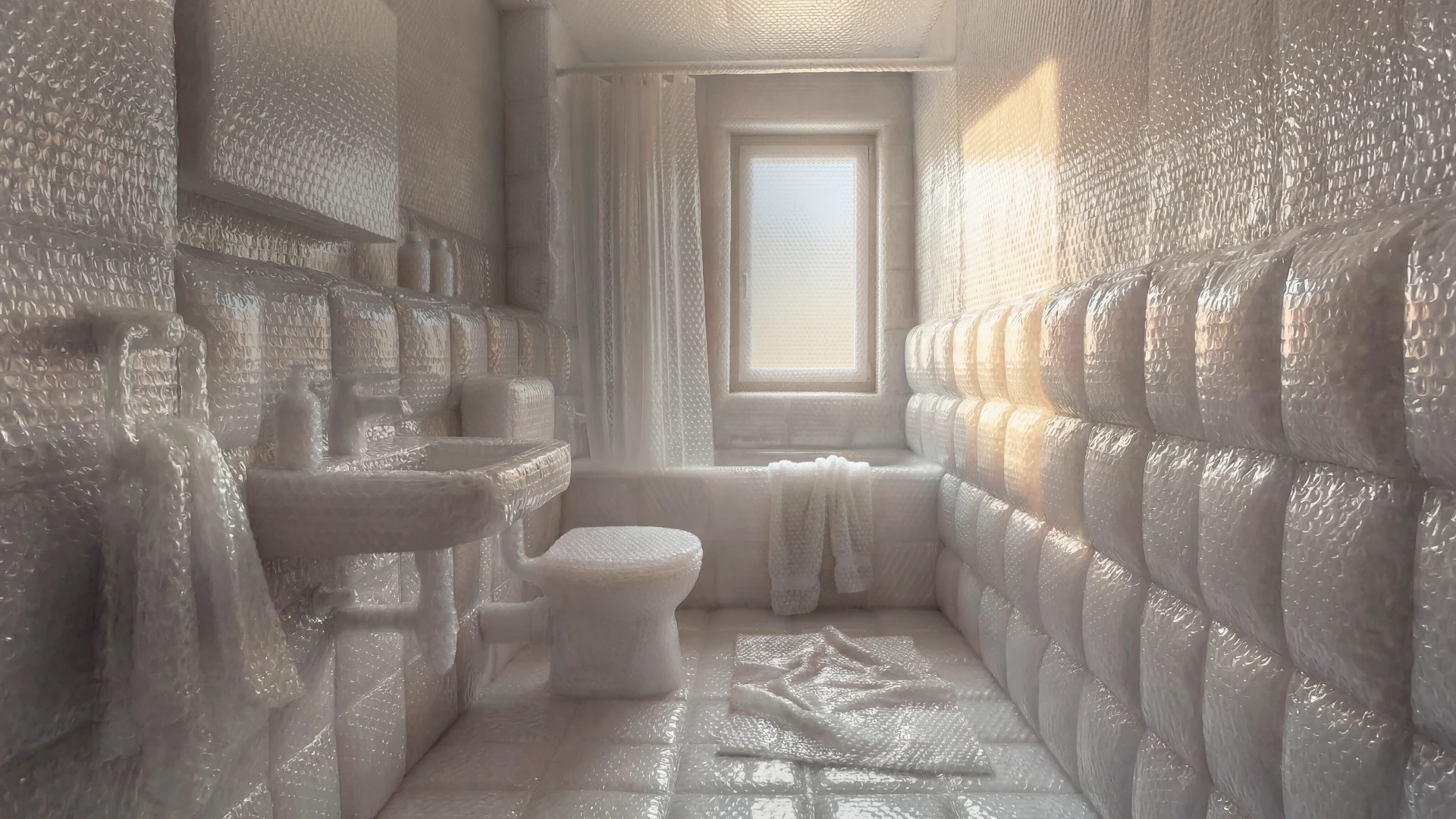 Une salle de bains emballée dans du papier bulle. 